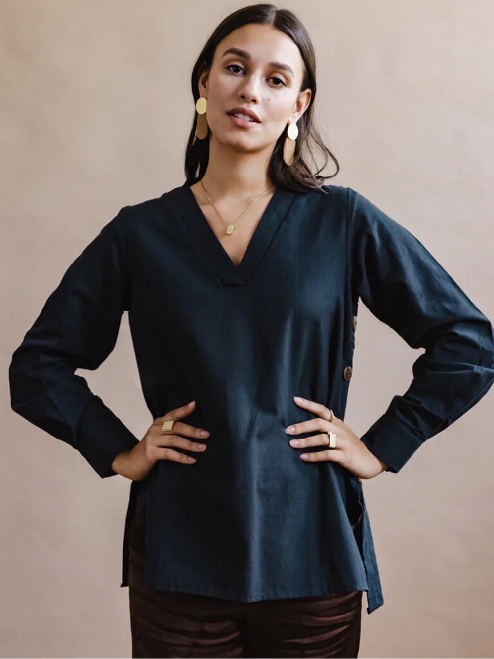 EKADESMA for MULXIPLY the Button Tunic in Black 100% Cotton Nepal Size M